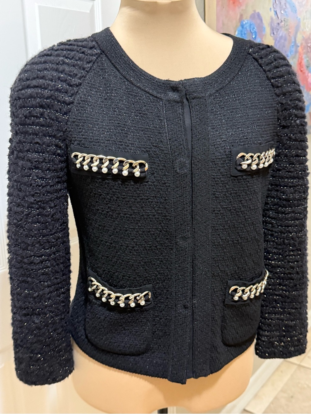 ST JOHN COUTURE Black Knit Jacket with Gold Chain Detail - Picture 2 of 8